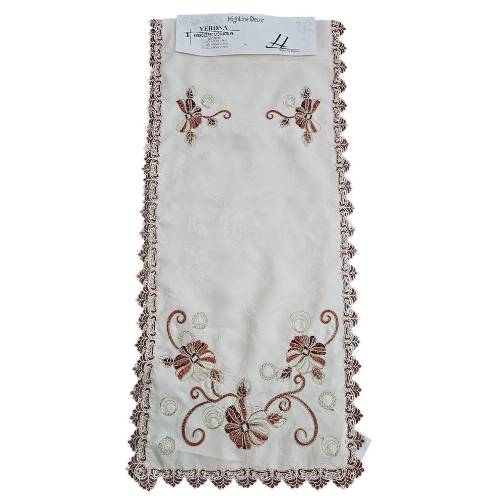 Vintage Highline Decor Verona Embroidered and Macrame Floral Table Runner NEW